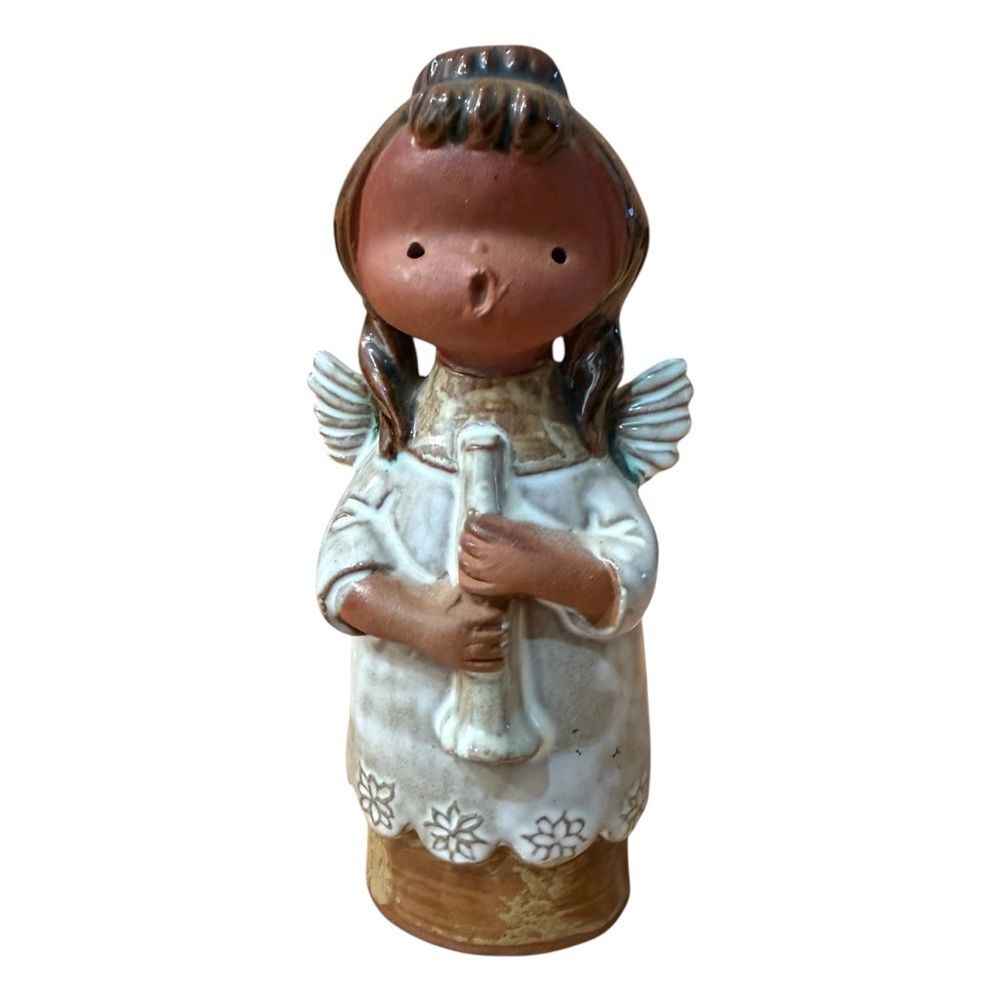 Vintage Red Clay Pottery Angel Figurine with Flute Made in Japan